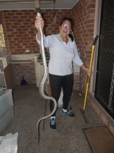 Michelle gets the snake out from behind the BBQ